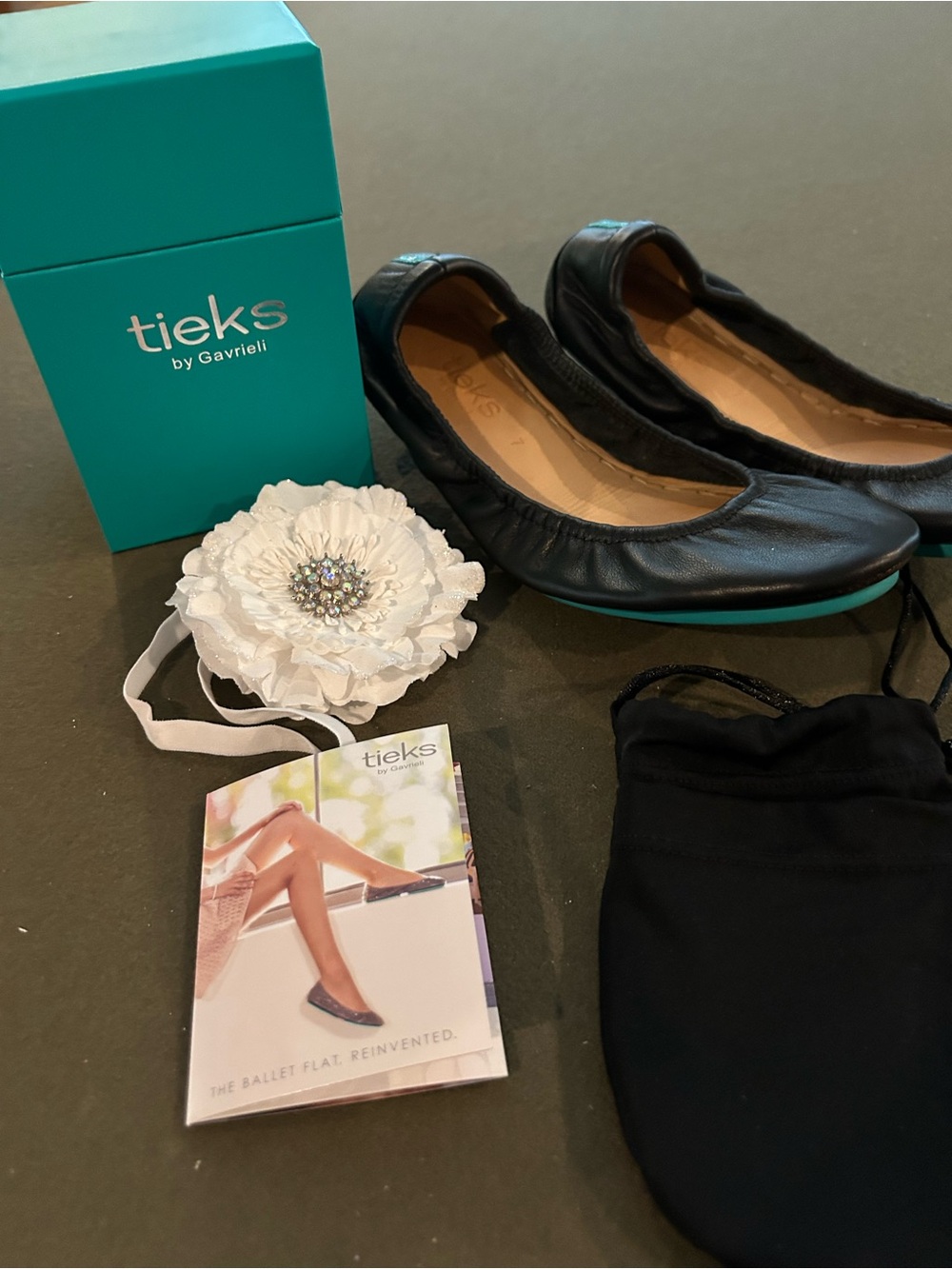 Tieks Black Leather Ballet Flats with Teal Sole Accent